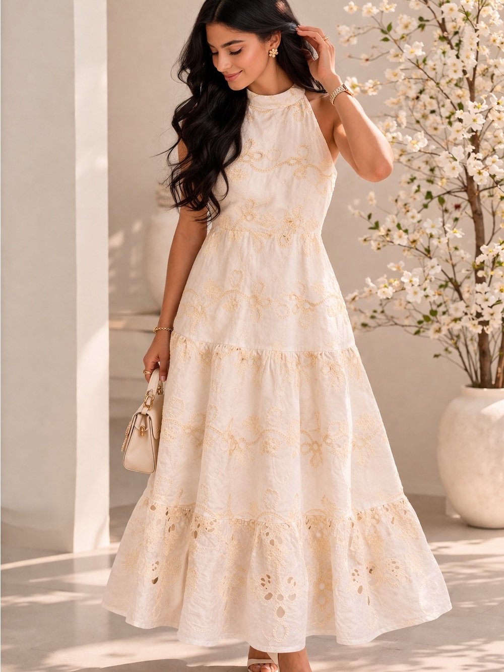Lucky Brand Cream Halter Eyelet Dress with Gold Accents